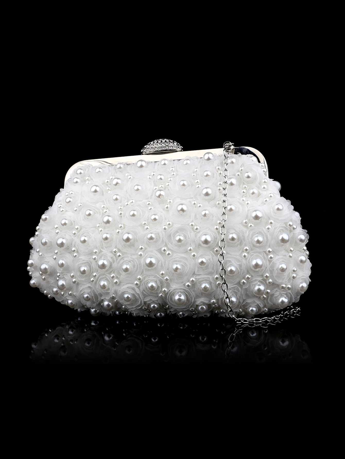 Sweet Lady Beaded Lace Flower Pearl Womens Clutch Bag Evening Bag Hand Wedding Bride Bag Bridesmaid Bag Party Dress Bag Hand Bag Mobile Phone Bag W250