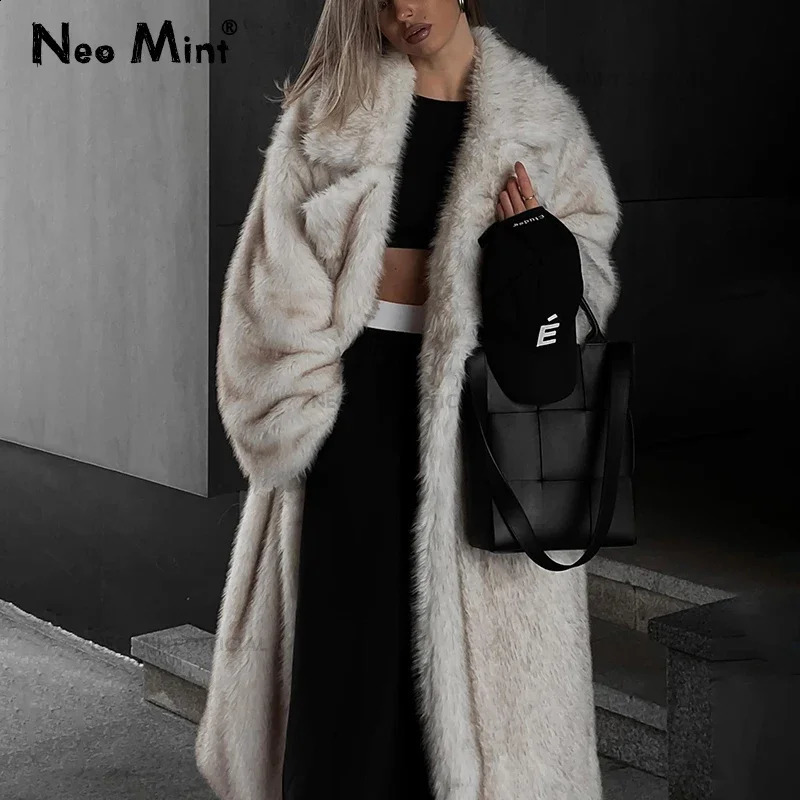 Neo Mint Vintage Long Faux Fox Fur Coat Women 2024 Winter Warm Fluffy Fur Jacket Female Street Furry Outerwear Overcoat 250815