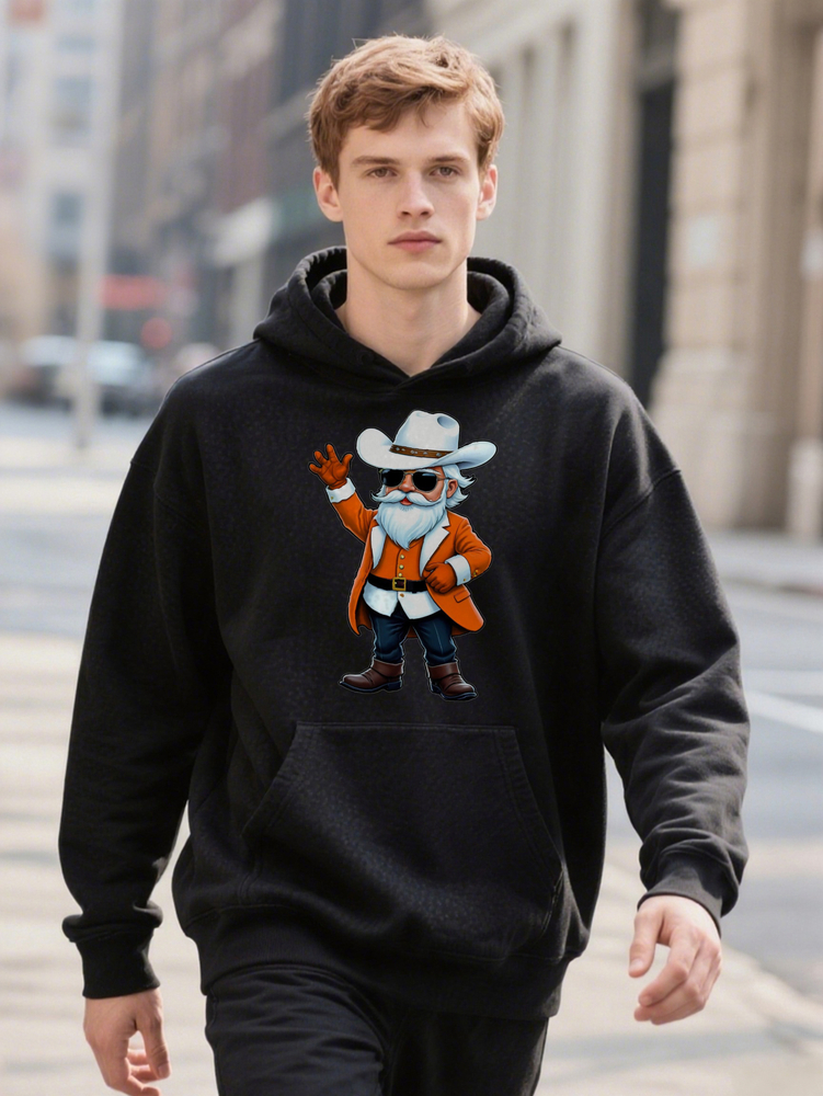 Men S Casual Crew Knit Fabric Slight Stretch Regular Fit with Funny Cowboy Hoodie Cartoon Print for