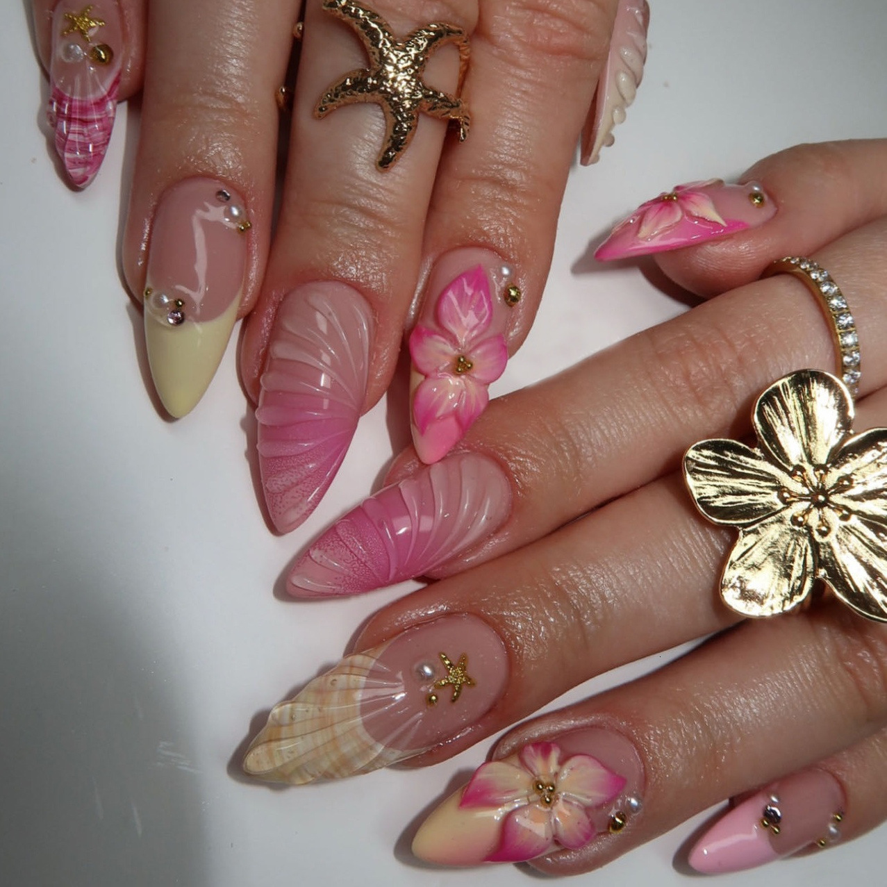 Fashionable Sweet Pink and Yellow French Flower 3D Resin Nail Tips Fake Nails Finished Product