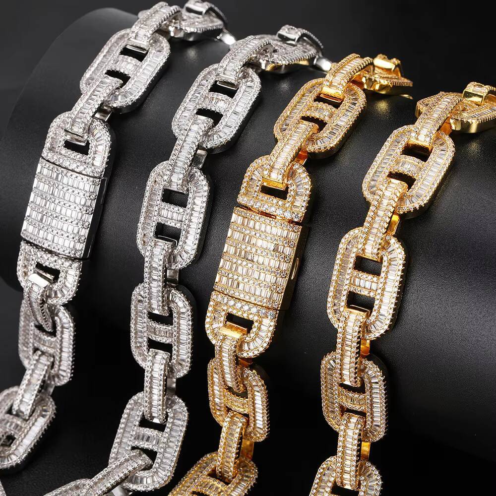 2021 Unique Design Hollow Rectangle Gold Silver Rose Gold 15mm Men baguette Cuban Link Chain Hip Hop Style Box Clasp Miami Cuban