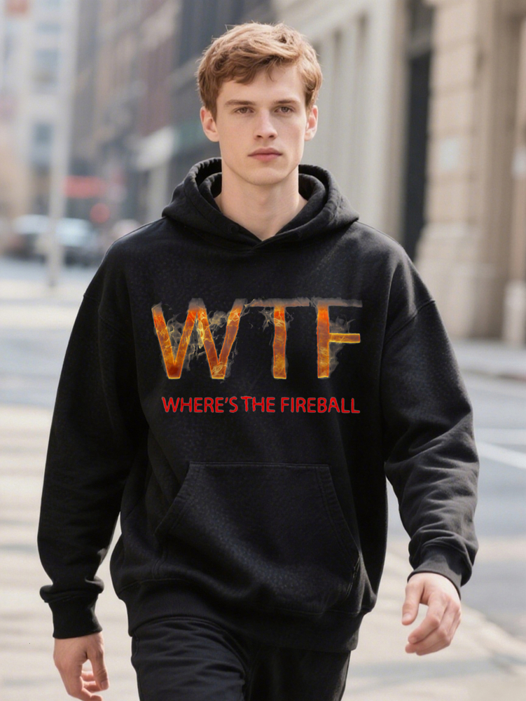 Men Plus Size WF Where He Fireball Graphic Black Cotton Casual With Bold Print Hoodie S
