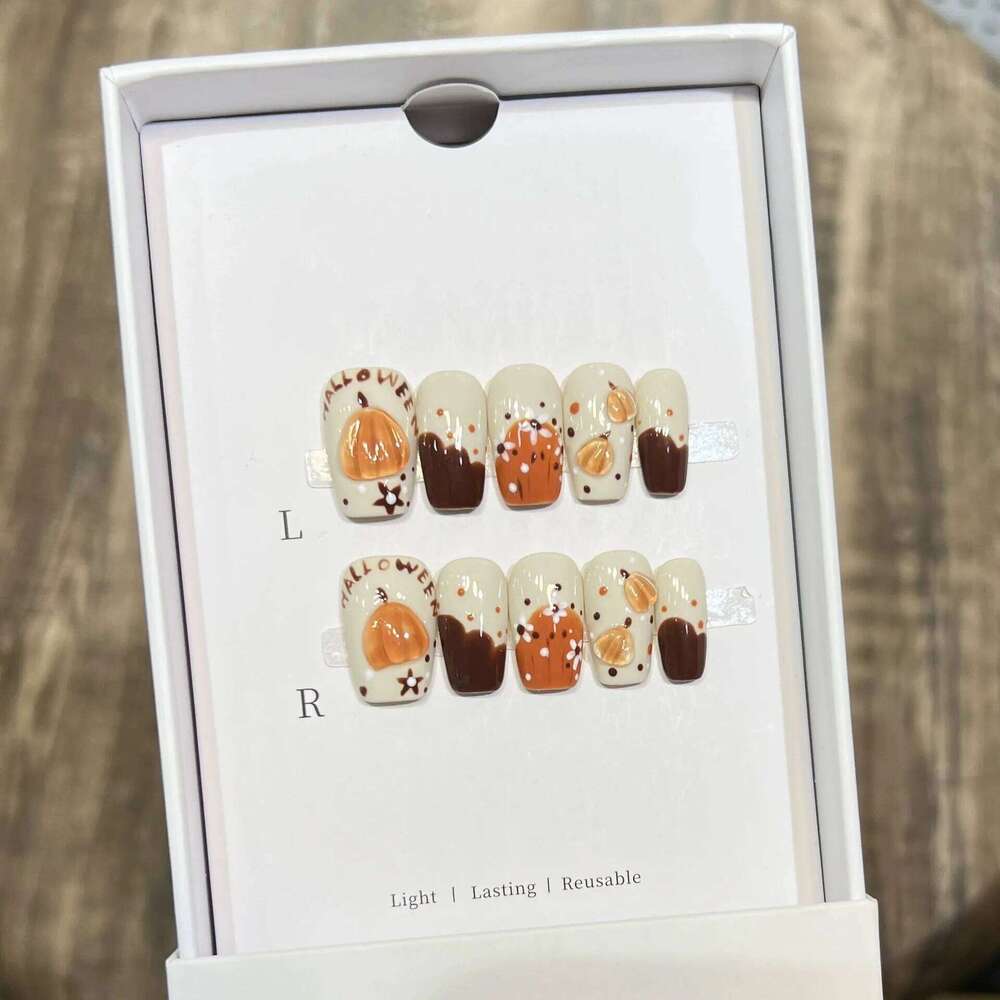Halloween Cute 3D Crystal Pumpkin Press On Decor Handmade French False Short Ballerina Cartoon Fake Nails Wearable X250816