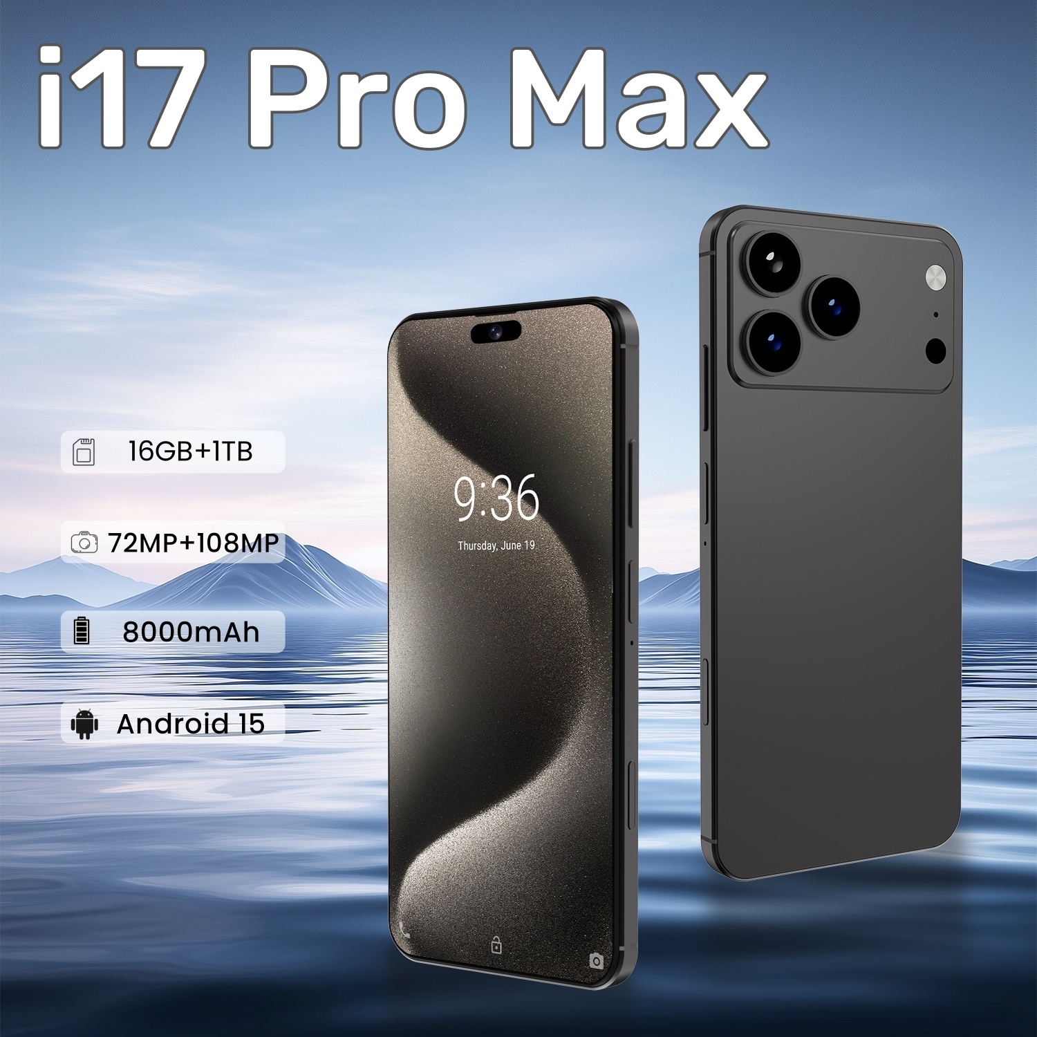 i17 Pro Max Wireless Charging 5G Android Smartphone network Unlocked 7.3 FULL HD 72+108MP Dual Camera Facial Recognition