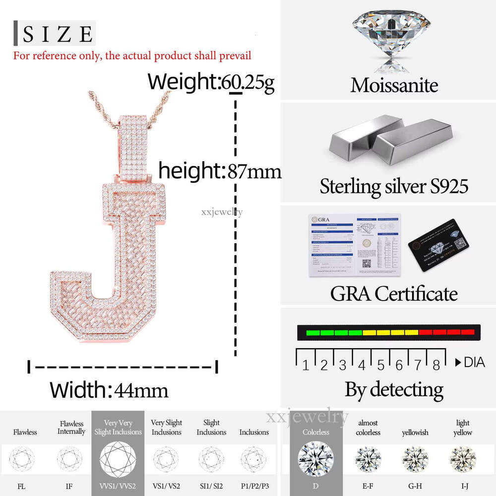 Moissanite Letter J Pendant Rose Gold Sterling Sier VVS Baguette Initial Hip Hop Jewelry