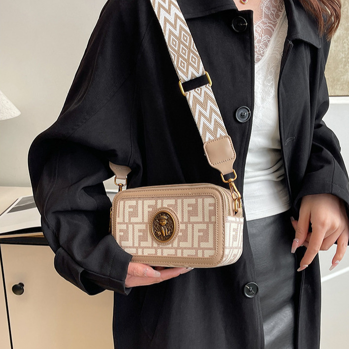 New Color Blocking Women's Printed Small Square Bag Mini Handbag Free Shipping Designer Fashion Wide Shoulder Strap Camera Bag Lightweight Should