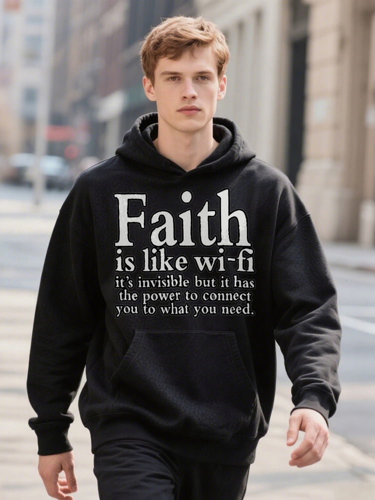 Men S Casual Crew Faith Inspirational Print Black With Ext Lightweight Hoodie