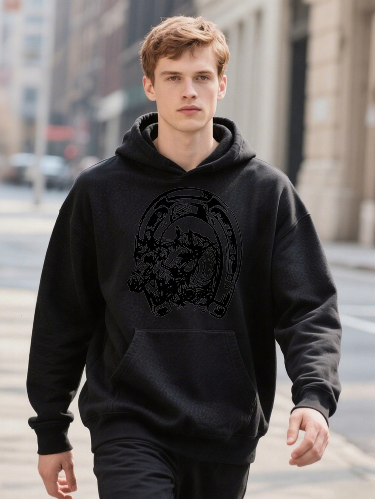 Men s Hoodie Black with Intricate Wolf Head Print Crew hine Washable Ideal Gift for 59626 933b3