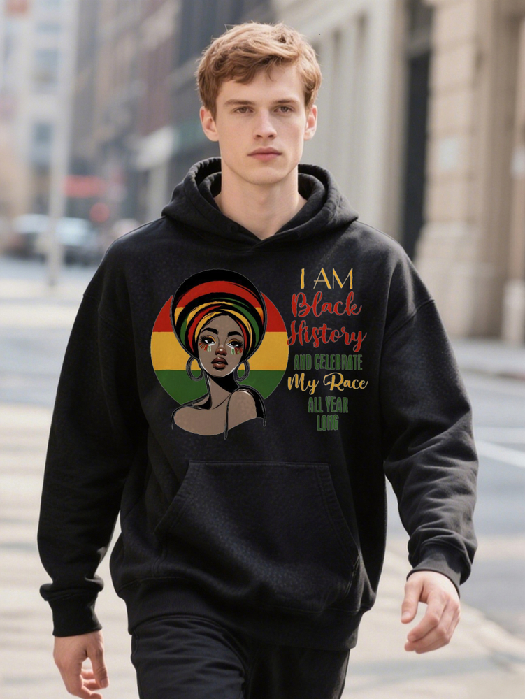 Men s Crew Hoodie with I AM BLACK HISTORY MY Race Graphic Print Black Blend for
