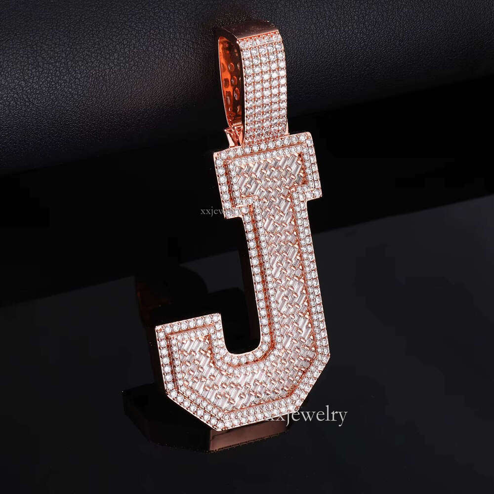 Moissanite Letter J Pendant Rose Gold Sterling Sier VVS Baguette Initial Hip Hop Jewelry