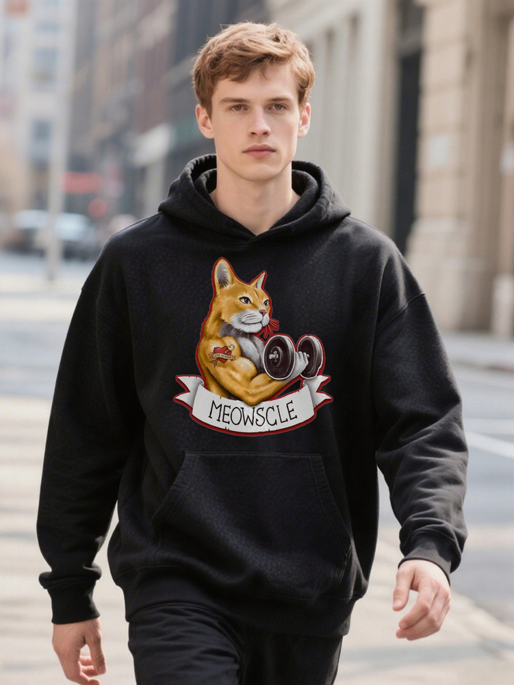 100% Men's Casual Crew Hoodie With Funny Meowscle Cat Graphic Knit Fabric Slight Stretch Regular Fit