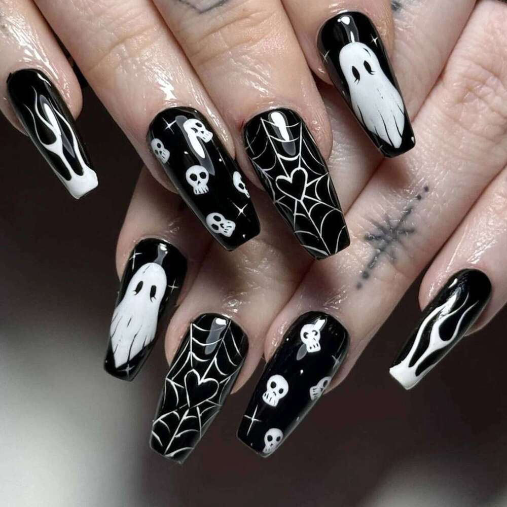 24pcs White Ghost Skull False For Halloween Glossy Mid-length Coffin Press On Nails Black Spider Web Heart Fake Nail X250816