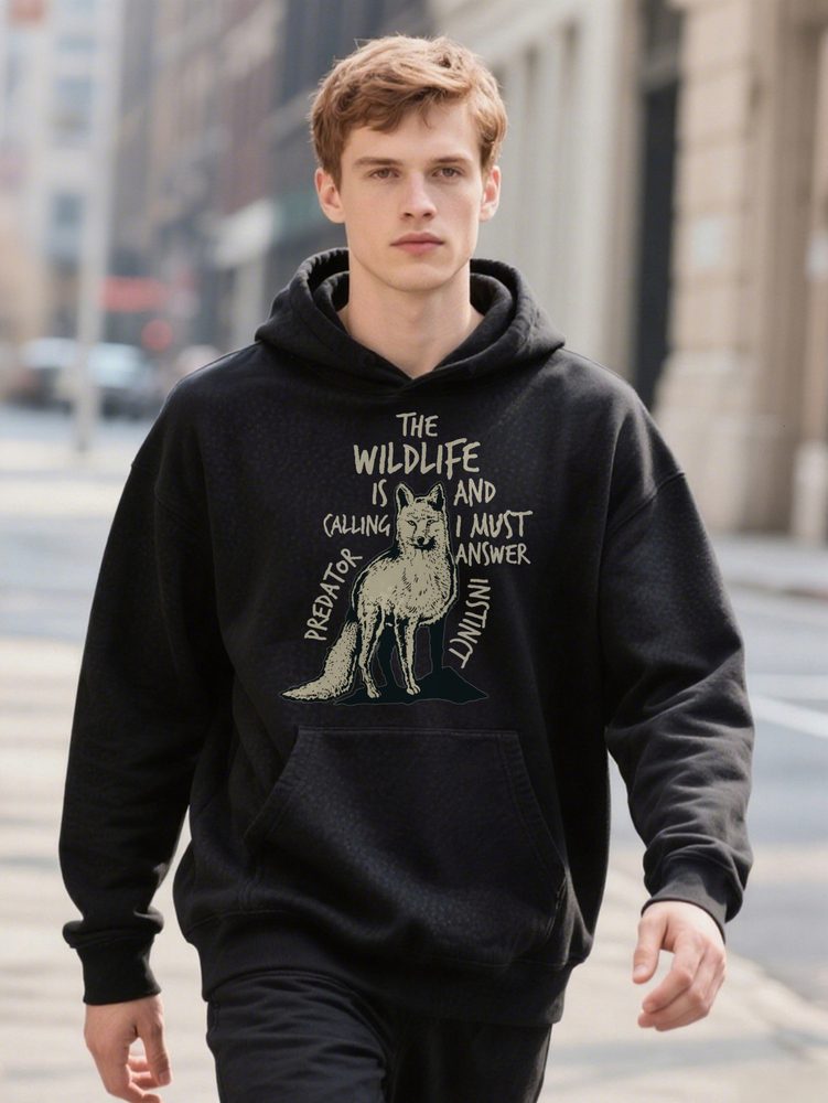Men s Casual Crew he Wildlife Hoodie is Calling Wolf Print Black with Design f7091 7e6b6