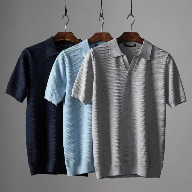 Men Polo Shirt Turn Down Breathable Top Collar Short Sleeves Solid Color Knit T 2025 Summer Casual Basis Knitting Tops 250808