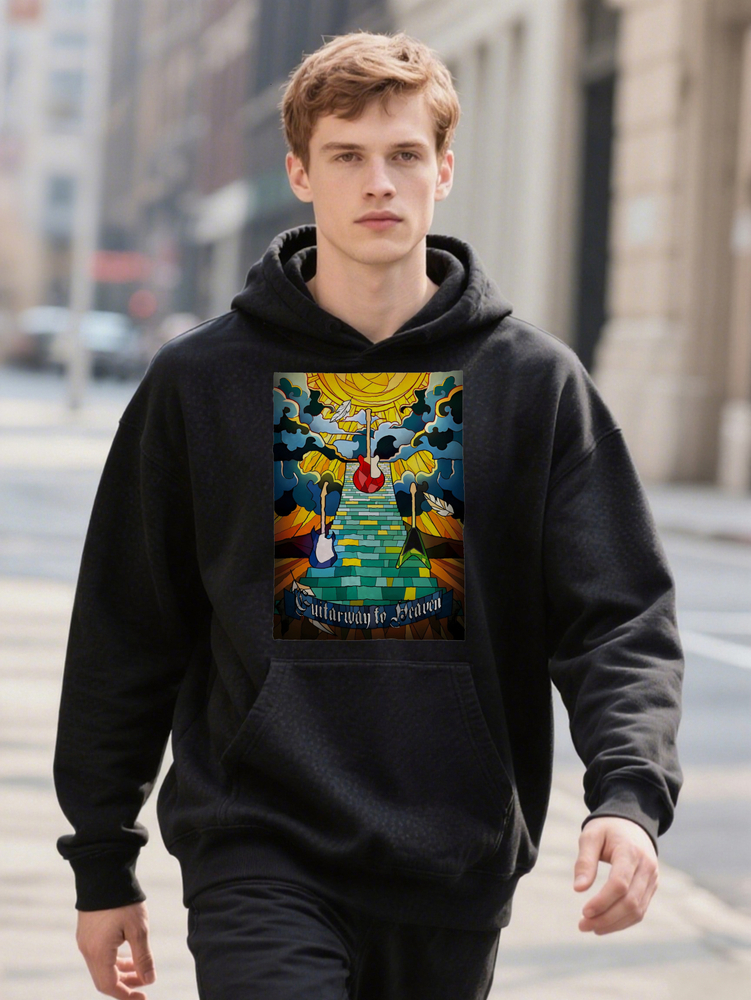 Men S Casual Crew Angel Design Onward To Heaven Ext Black With Colorful Print Hoodie Perfect For