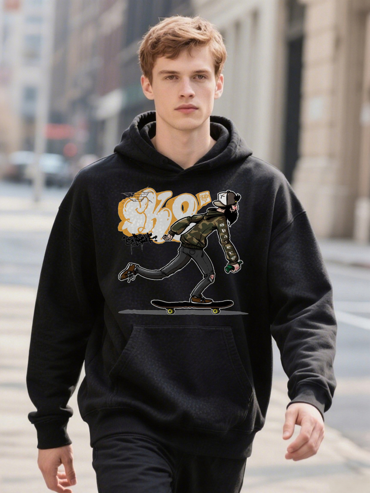 Lightweight Men S Casual Crew Knit Fabric Regular Fit Hoodie With Skateboarder Graphic Print