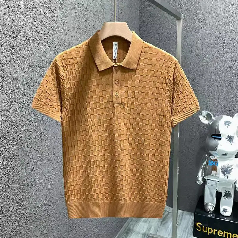 Summer Mens Polo Shirts Highend Ice Silk Thin Plaid Knitted Tees Shirt Short Sleeve Slim Fit Trendy Casual For Male 250808