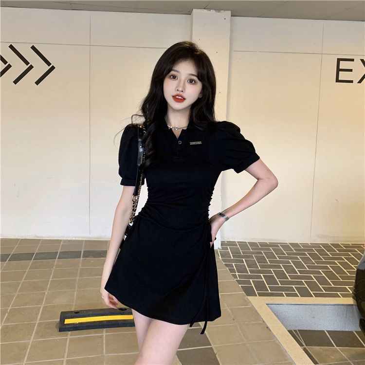 X418517 Summer new fashion solid color polo collar dress women's waist slim fit short sleeve skirt