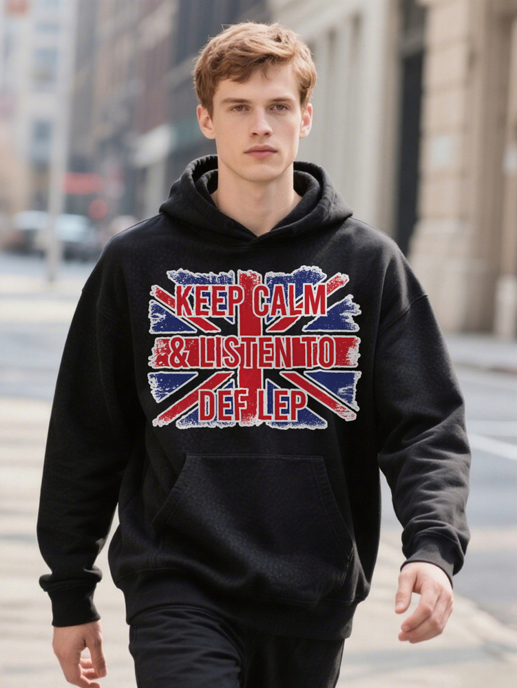 Men S Casual Hoodie with UK Flag Keep Calm Listen to Defender Print Black Lightweight