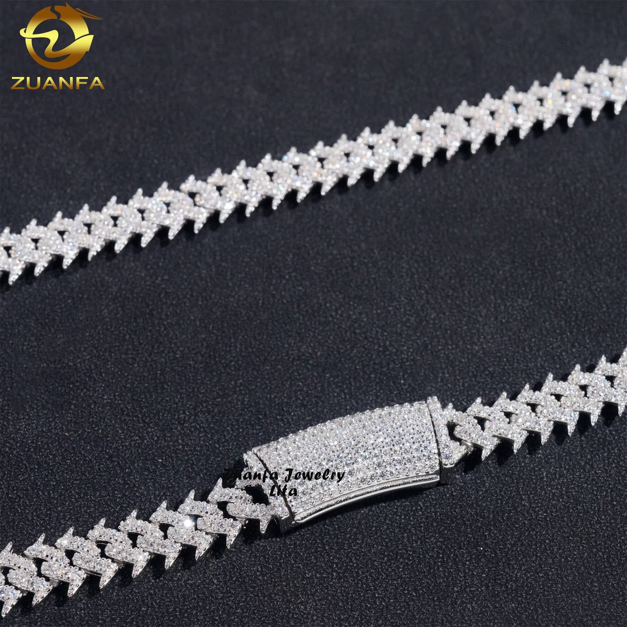 Hip Hop Jewelry Necklace Thorns Spike Design 16mm Silver Moissanite Diamond Cuban Link Chain