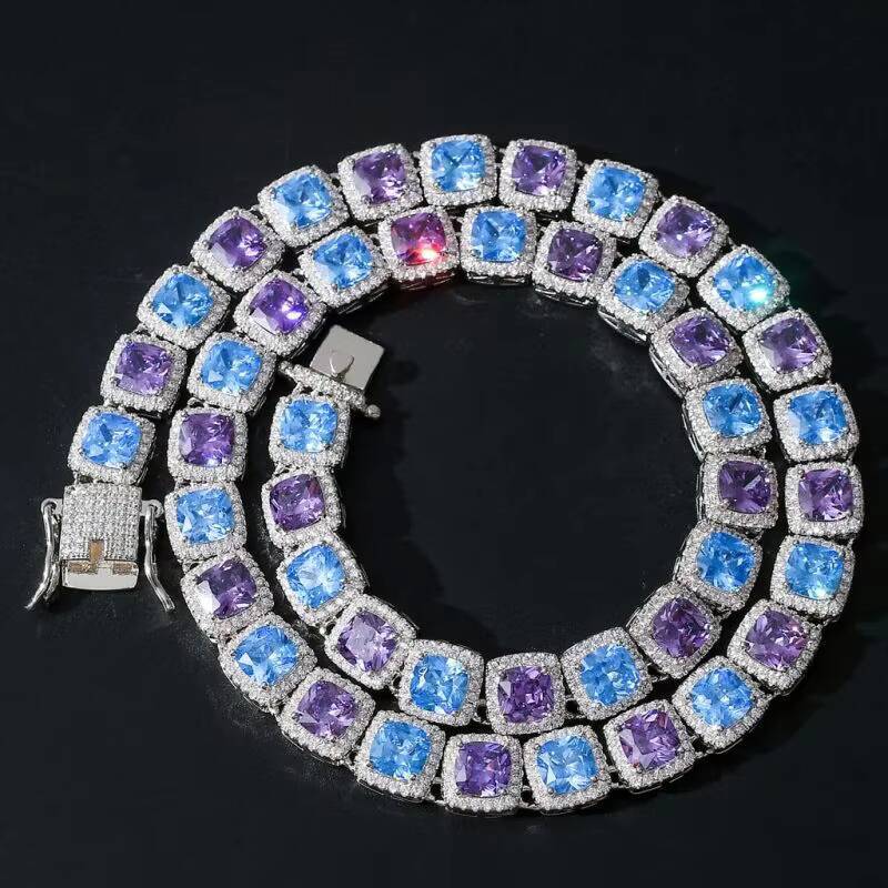 SGARIT Jewelry Colorful Real Vvs Moissanite Diamonds Blue Purple 10MM Cluster Tennis Chain Necklace in White Gold