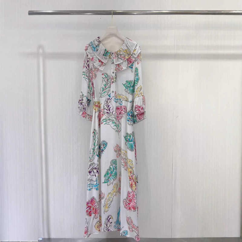 Basic & Casual Dresses Designer 2025 Autumn Printed Silk Crepe Doll Collar Dress Stylish Heavy Embroidery Lightweight Long for woman QDVO