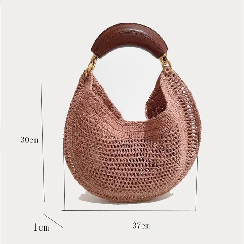 Handmade Raffia Crescent Bag 2025 Fashion y Women Leather Handle Handbag Retro Straw Woven Underarm Bag 250811