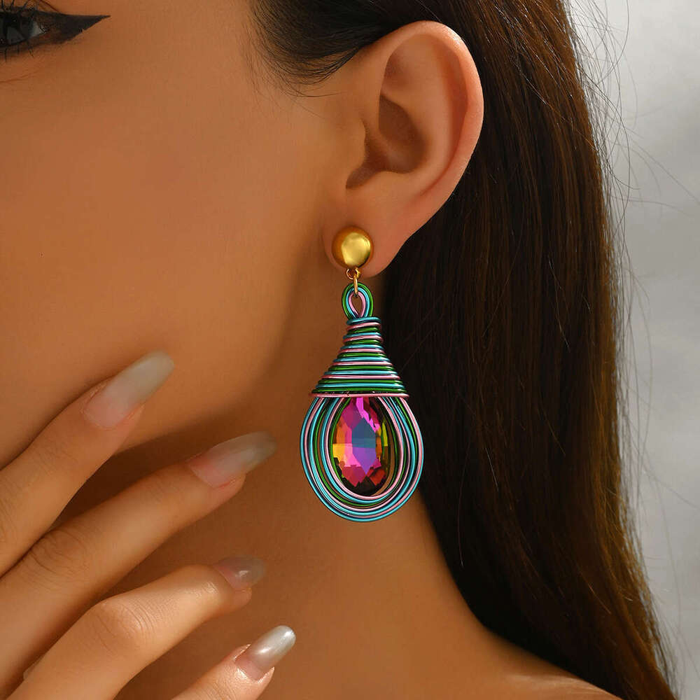 Wind Lady Geometric Inlaid Colorful Water Drop Design Studs Versatile High-end Earrings