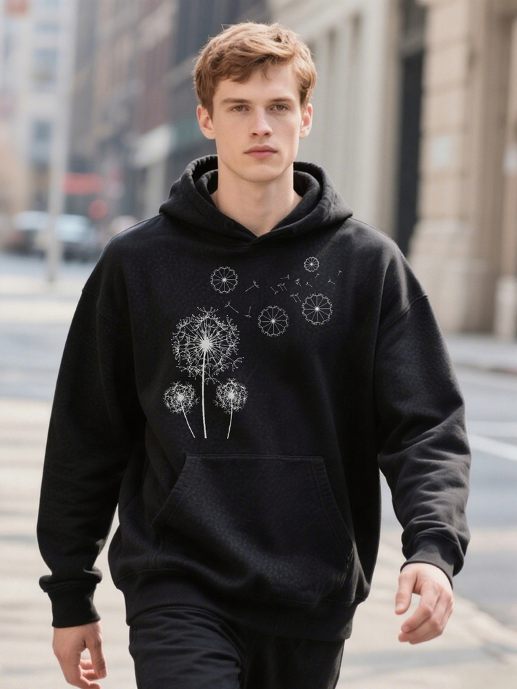 Men s Casual Hoodie with Dandelion Print Black Gift for Men, Washable Regular be006 33433