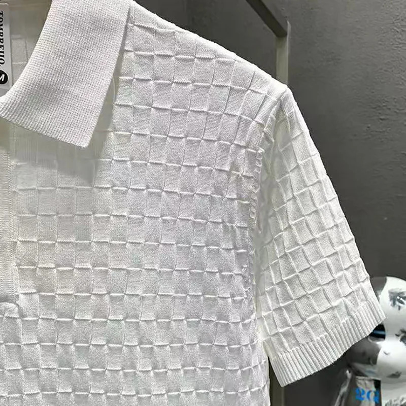 Summer Mens Polo Shirts Highend Ice Silk Thin Plaid Knitted Tees Shirt Short Sleeve Slim Fit Trendy Casual For Male 250808