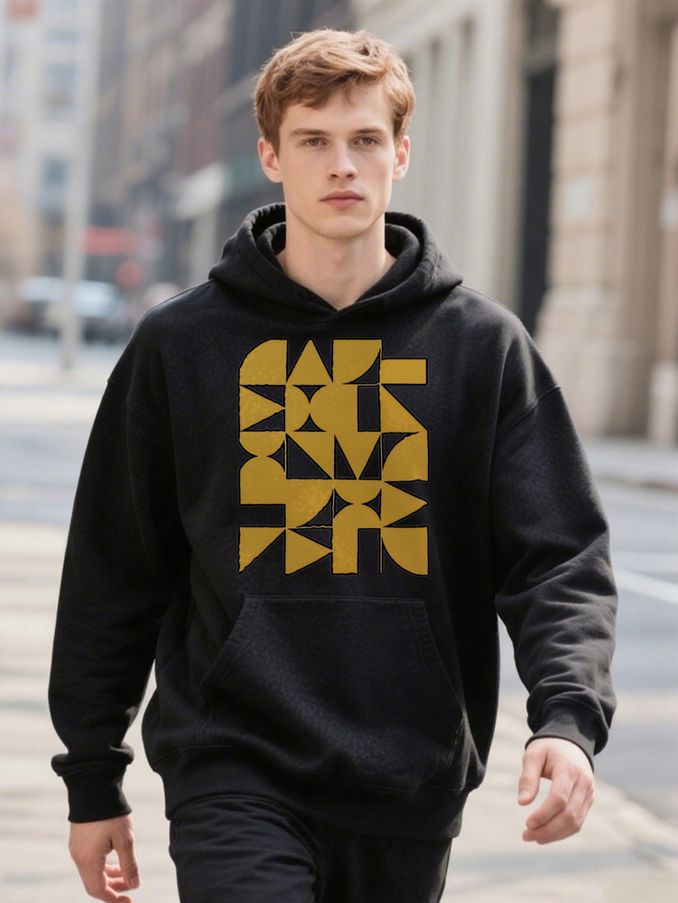 Men s Crew with Bold D Geometric Print Hoodie Black Yellow Abstract Design Lightweight