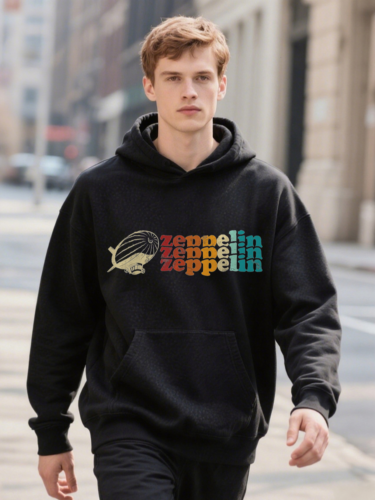 Retro Vintage Zeppelin Sunset Hoodie Distressed Airship Cotton Fun DIY Men's Breathable Comfortable Casual