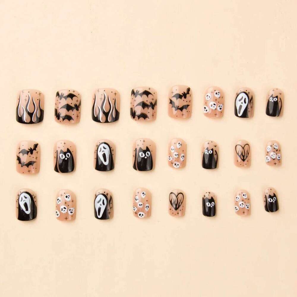 24 Pcs Halloween Skull Full Coverage Press On Fake Nails Reusable False Jelly Tabs Shiny Wear Nail for Women&Girl X250816