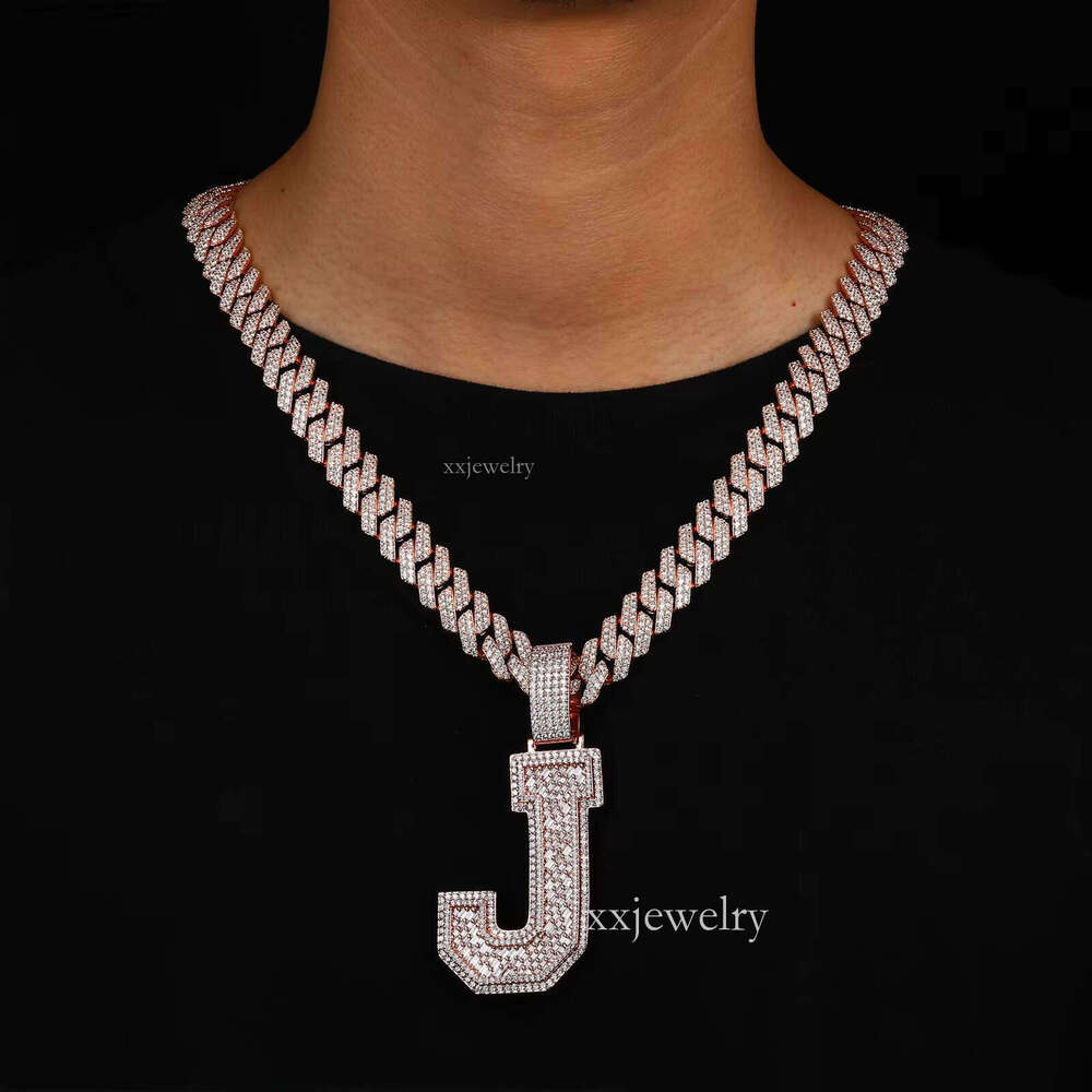 Moissanite Letter J Pendant Rose Gold Sterling Sier VVS Baguette Initial Hip Hop Jewelry