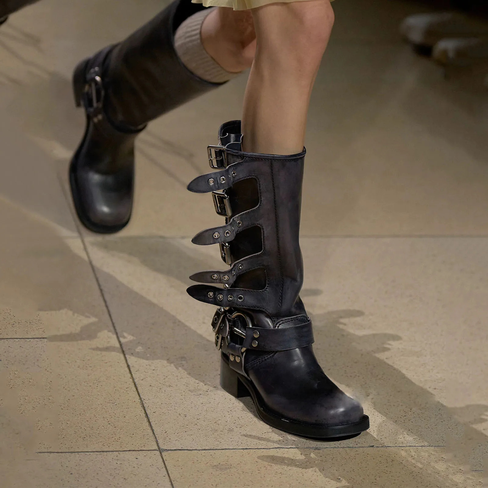 Arden Furtado Genuine Leather Platform Rivet Motorcycle boots Round toe Belt buckle Block heel mid wide calf Western boots 250809