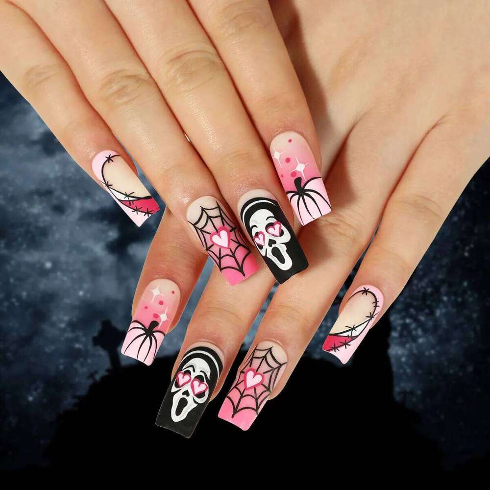 24pcs Red French Fake Nail Halloween Mid-length Square Set Press on Spider Rhinestone Design False Nails Reusable Manicure X250816