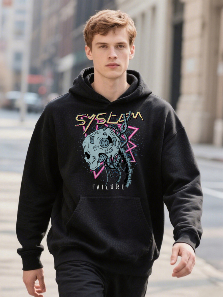 Casual with SYSTEM FAILURE Print Black hine Washable Ideal Gift for Men Hoodie Men's Graphic