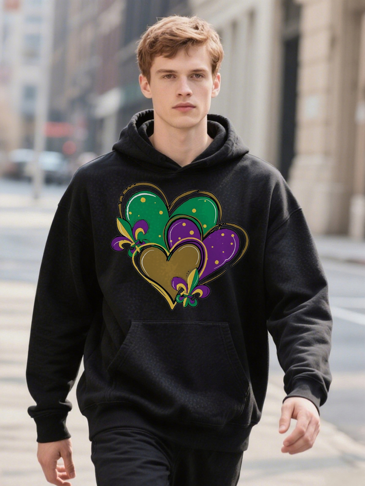 Men s Casual Crew Hoodie Knit Fabric Regular Fit with Mardi Gras Heart Print for ee