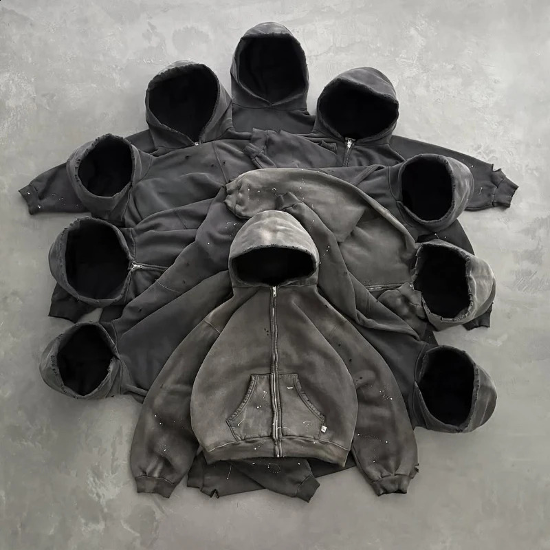 Retro loose hoodie a pcs oversized pure gray Watch-peeker hole breaking sweatshirt Y2K unisex Gothic Harajuku casual pullover 250815