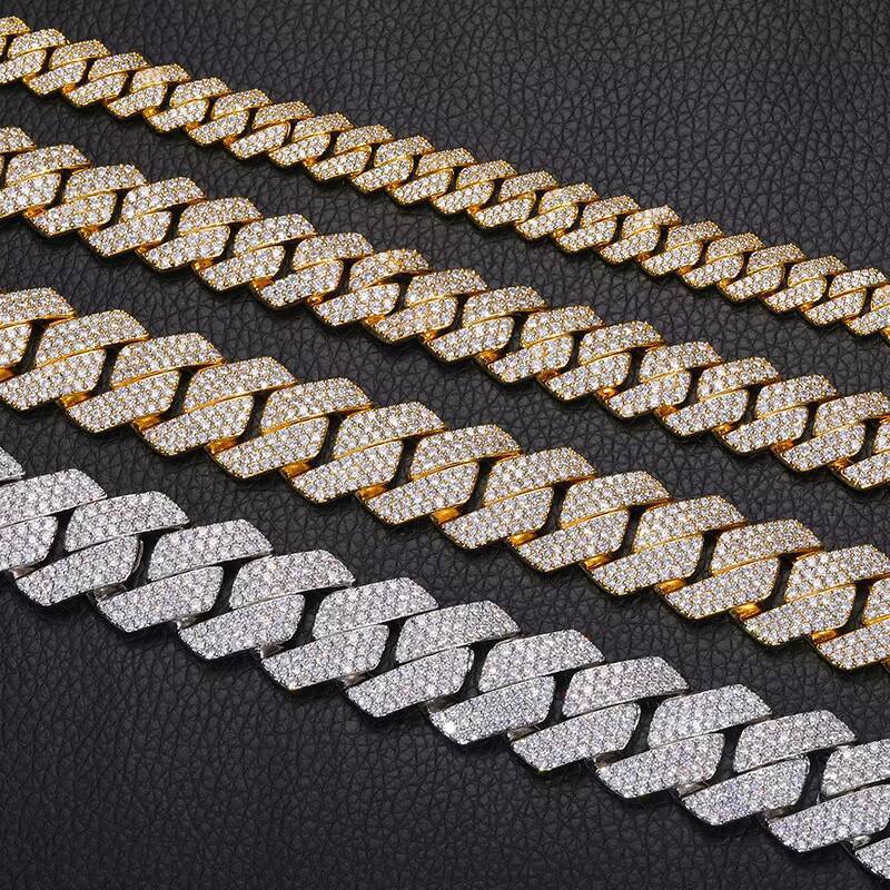 Classic diamond-shaped Cuban chain men's necklace and bracelet 6mm-30mm 18K gold 925 silver ice block hip hop