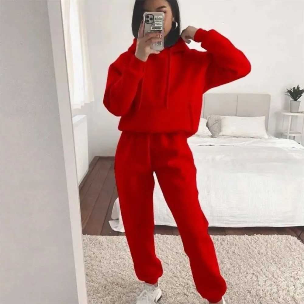 Womens Pocket Long-sleeve Hooded Sweatshirt Casual Set Autumn Winter New Solid Color Loose Sport Long Pants 2 Piece Set Fe XJ250816