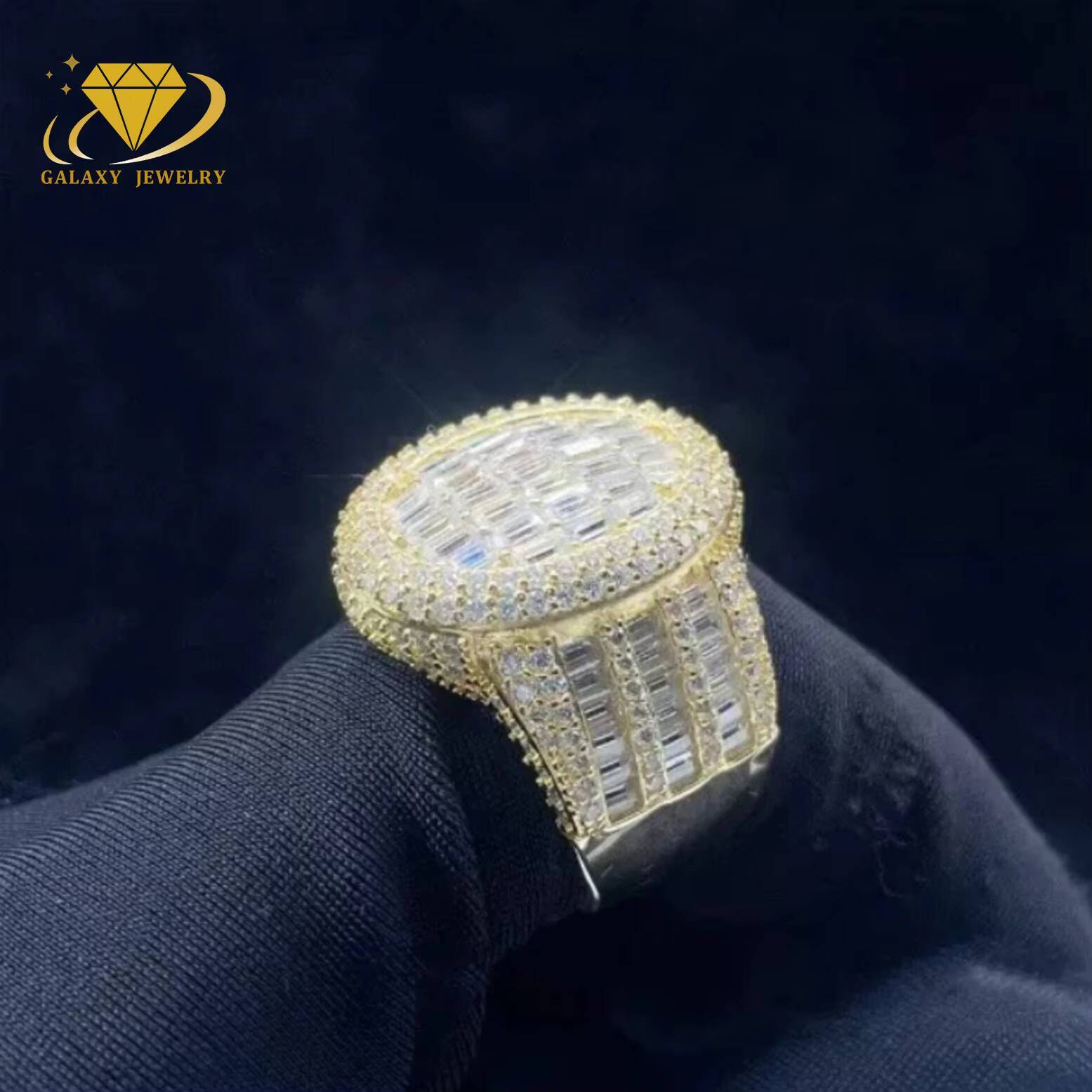 GRA Certificate S925 Gold Plated Moissanite Engagement Ring for Men Oval Shape Baguette VVS Diamond Moissanite Hip Hop Ring