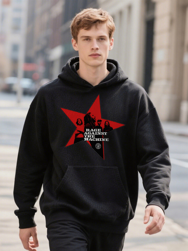 Men s Black Graphic Print Casual Rage Against the with Red Star Band Silhouettes Soft Hoodie