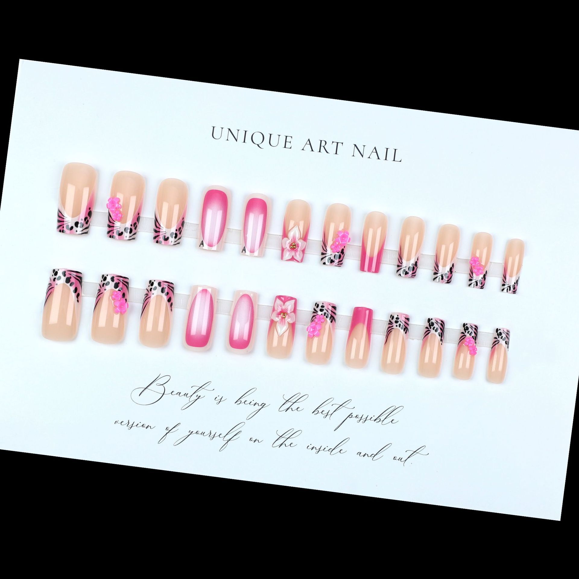 Hot Sale Medium Tube False Fashion French Leopard Sweet Flower 3D Carved Wearable Nails Finished Product