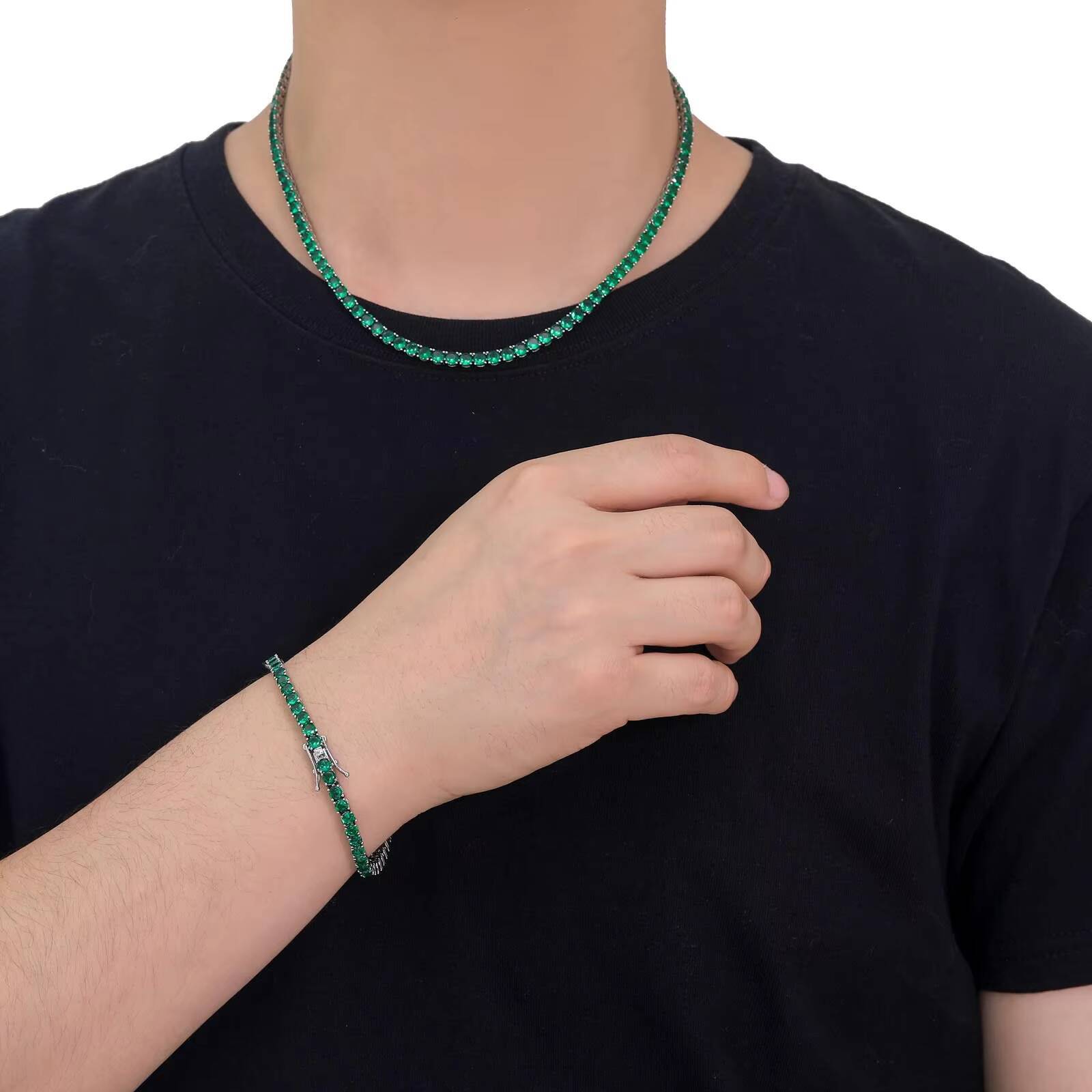 BES 4mm green moissanite tennis necklace; Hip Hop jewelry set; Women's sparkling tennis necklace.