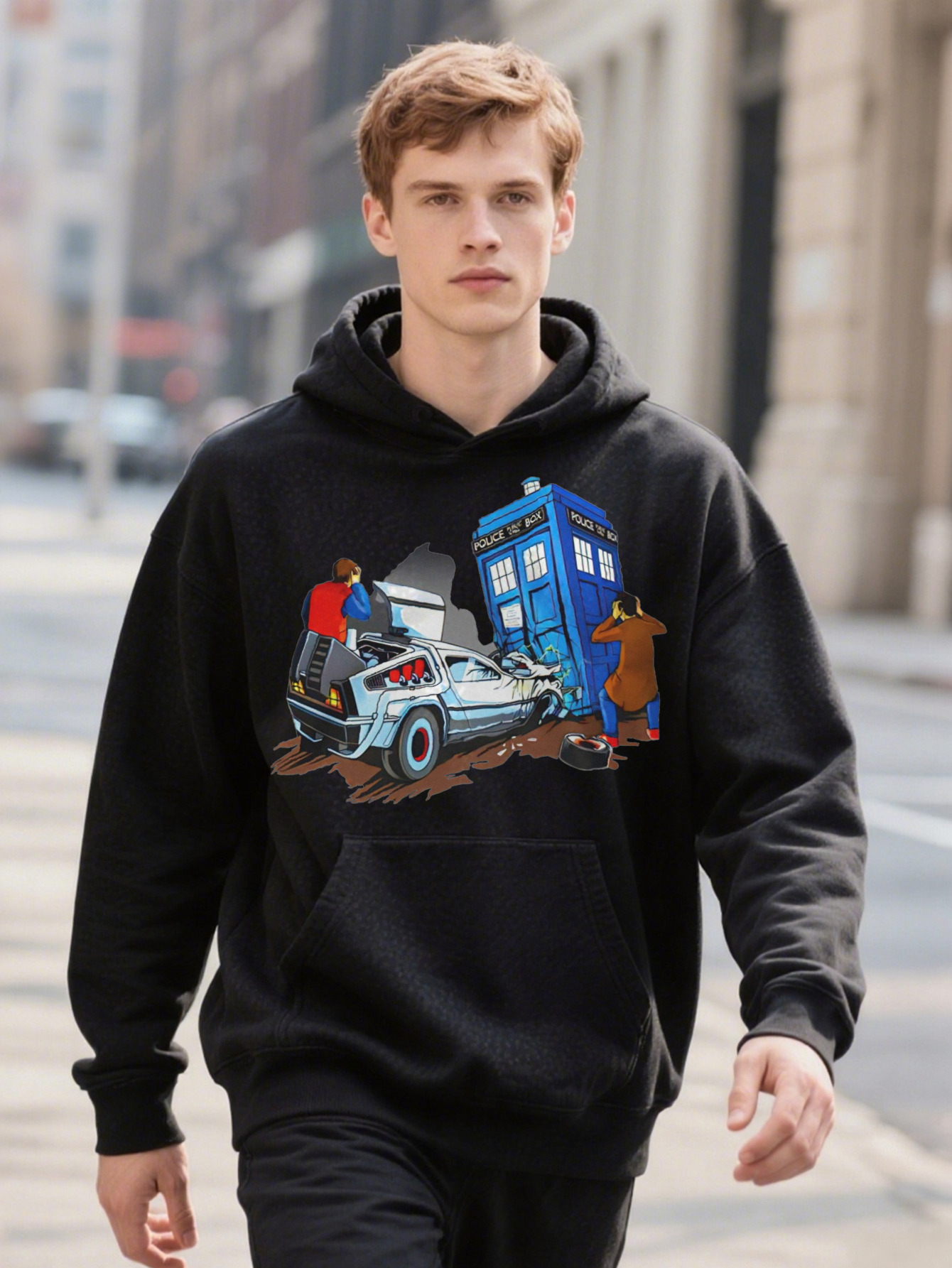 Pc Plus Size Hoodie Men's Casual Crew Knit Fabric With Slight Stretch Funny Cartoon Car Accident