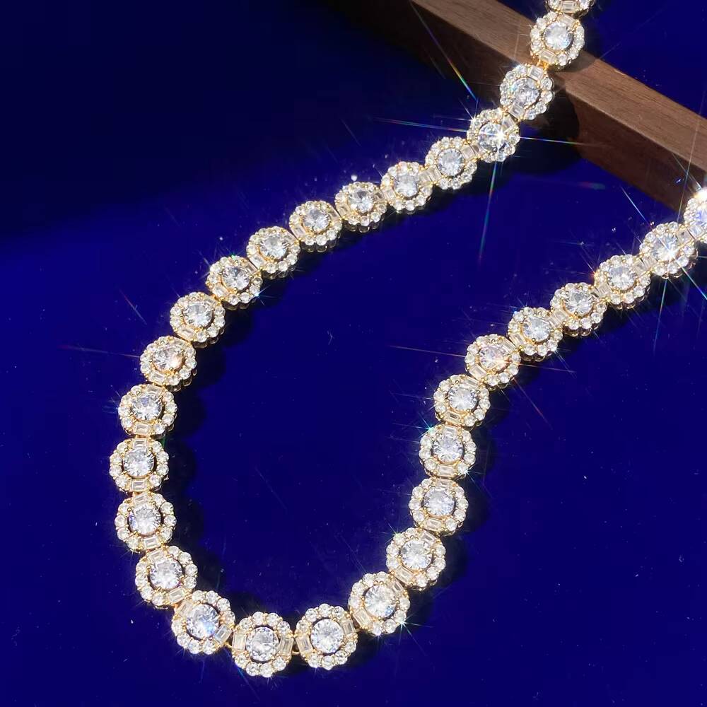 New Design Hip Hop Gold Plated 9.5mm Iced Out VVS Moissanite Diamond Round Shape Tennis Link Chain Necklace