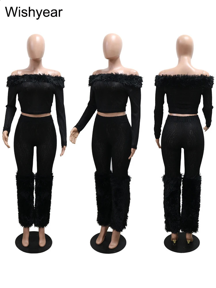 Long Sleeve Fur Slash Neck Off Shoulder Crop Tops and Skinny Pants Womens Black Two 2 Piece Set Sexy Birthday Party Outfits 250815
