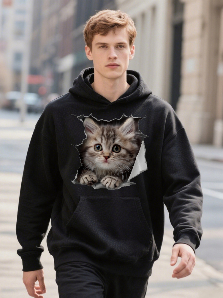 Men S Crew Hoodie With D Kitten Print Cute Gray And Cat Design Soft Fabric Regular Fit