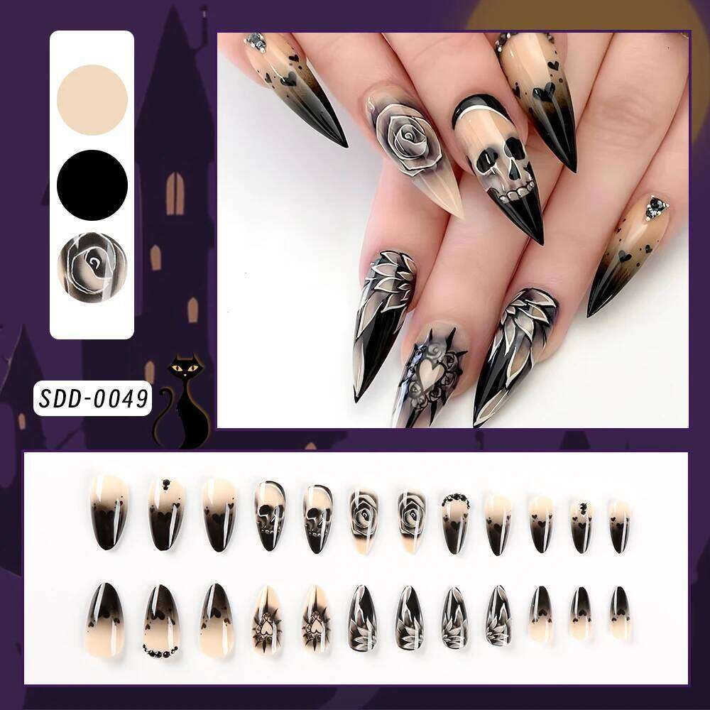 24Pcs Black Glossy Halloween Al Fake Gradient French Cool Press On Rose/Heart/Skull Acrylic Wearable False Nails X250816